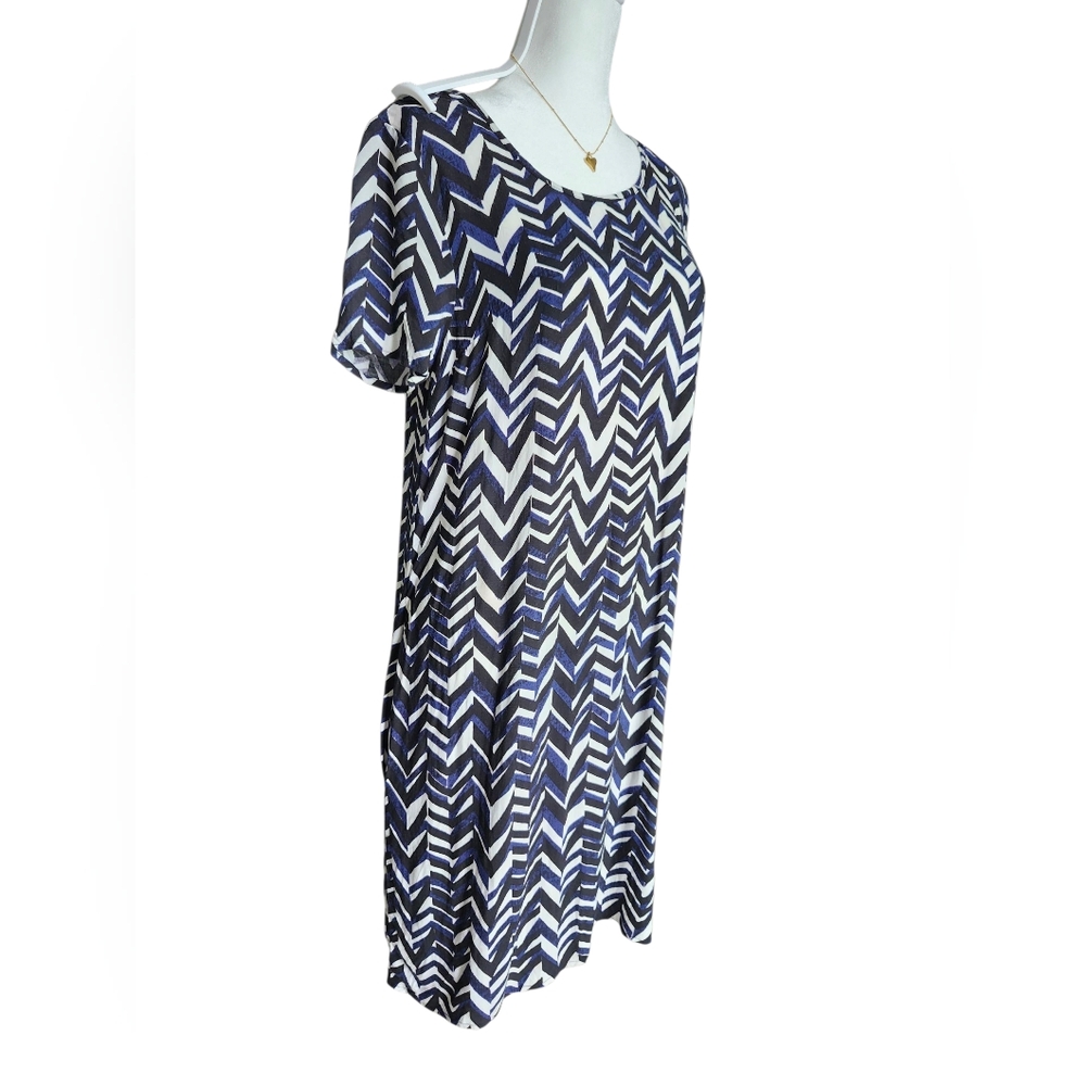 #BISHOP Black White Blue Chevron Print T-Shirt Dress Size XS Made in USA - Picture 3 of 5